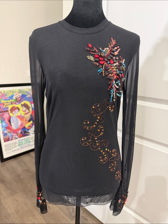 Cache Tops - Cache Black Long-Sleeve Embellished Top with Multicolor Beading